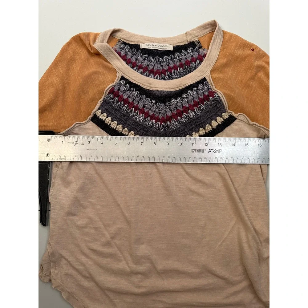 We The Free Top Women XS Beige Yellow Fair‎ Crochet Raglan 3/4 Sleeve Boho